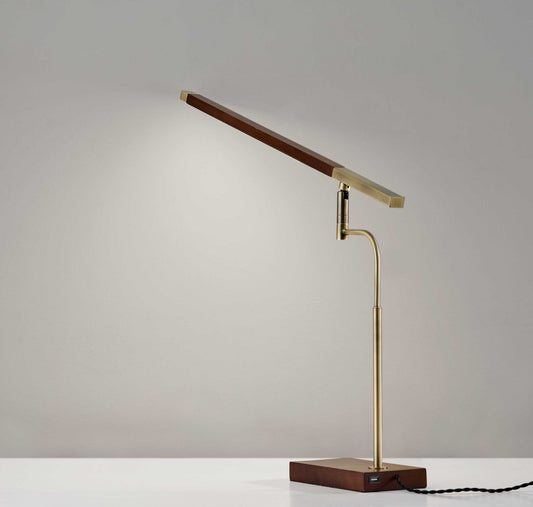 Walnut Wood Finish And Antique Brass Metal Adjustable Led Desk Lamp